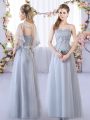 Grey Tulle Lace Up Wedding Party Dress Sleeveless Floor Length Lace