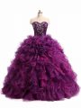 Flare Purple Organza Lace Up Sweet 16 Quinceanera Dress Sleeveless Floor Length Beading and Ruffles