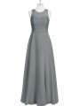 Elegant Grey Zipper Prom Evening Gown Lace and Appliques and Belt Sleeveless Floor Length