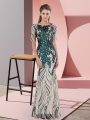 Green Mermaid Sequins Prom Gown Zipper Half Sleeves Floor Length