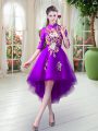 Glamorous Half Sleeves High Low Appliques Zipper with Purple