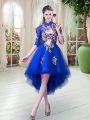 Half Sleeves Tulle High Low Zipper Evening Dress in Royal Blue with Appliques