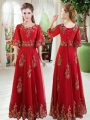 Scoop Half Sleeves Homecoming Dress Floor Length Lace Red Tulle