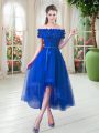 Superior Royal Blue A-line Off The Shoulder Short Sleeves Tulle High Low Lace Up Appliques Prom Party Dress