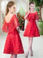 Pretty Red Scoop Neckline Beading Prom Evening Gown Short Sleeves Lace Up