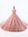 Scoop Sleeveless Kids Formal Wear Court Train Beading and Ruffled Layers Pink