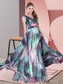Exceptional Empire Dress for Prom Multi-color V-neck Printed Sleeveless Floor Length Lace Up
