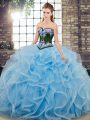 Eye-catching Embroidery 15 Quinceanera Dress Baby Blue Lace Up Sleeveless Sweep Train