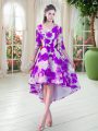 White And Purple Lace Lace Up Prom Gown Half Sleeves High Low Belt