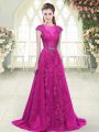 Customized Fuchsia Zipper Lace and Appliques Cap Sleeves Sweep Train