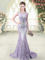 Fantastic Lavender Zipper Scoop Beading Prom Gown Sequined Sleeveless Brush Train