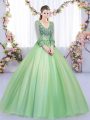 Tulle Long Sleeves Floor Length Quince Ball Gowns and Lace and Appliques