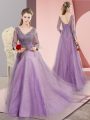 Fancy Lavender Prom Gown Tulle Sweep Train Long Sleeves Beading and Appliques