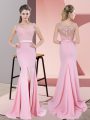 Free and Easy Baby Pink Prom Gown Prom and Party and Military Ball with Lace and Appliques V-neck Sleeveless Sweep Train Zipper