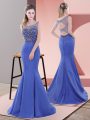 Blue Mermaid Scoop Sleeveless Satin Sweep Train Lace Up Beading and Lace Prom Dresses