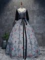 Dynamic V-neck 3 4 Length Sleeve Lace Up Ball Gown Prom Dress Grey Printed