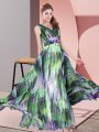 Custom Design Multi-color Empire V-neck Sleeveless Printed Floor Length Lace Up Pattern Prom Dresses