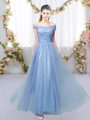 Customized Blue Sleeveless Tulle Lace Up Quinceanera Court Dresses for Prom and Party and Wedding Party
