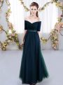 Cute Navy Blue Tulle Lace Up Off The Shoulder Short Sleeves Floor Length Quinceanera Court of Honor Dress Ruching