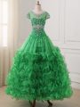 Floor Length Green Kids Pageant Dress V-neck Cap Sleeves Lace Up