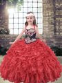 Inexpensive Red Straps Neckline Embroidery and Ruffles Kids Pageant Dress Sleeveless Lace Up