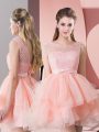 New Arrival Pink A-line Lace Prom Dress Lace Up Organza Sleeveless