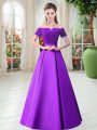 Purple A-line Belt Homecoming Dress Lace Up Satin Short Sleeves Floor Length