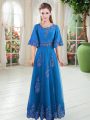 Flirting Floor Length A-line Half Sleeves Blue Lace Up