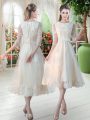 Low Price Champagne Lace Up Scoop Lace Prom Party Dress Tulle 3 4 Length Sleeve