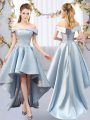 Nice High Low Light Blue Quinceanera Court Dresses Satin Sleeveless Appliques