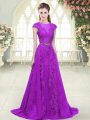 Purple Prom Dresses Tulle Sweep Train Cap Sleeves Lace and Appliques and Pick Ups