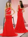 Red Sleeveless Beading Lace Up Prom Dress