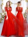 Fitting Red Zipper Quinceanera Dama Dress Appliques Short Sleeves Floor Length