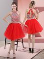Red Organza Backless Halter Top Sleeveless Knee Length Beading