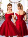 Red Lace Up Bridesmaid Dresses Ruching Sleeveless Knee Length