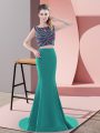 Scoop Sleeveless Prom Evening Gown Sweep Train Beading Turquoise Satin
