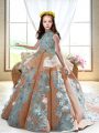 Dramatic Sleeveless Satin Court Train Backless Girls Pageant Dresses in Peach with Appliques