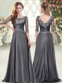 Glittering Grey Prom and Party and Military Ball with Beading and Lace and Appliques Scalloped Half Sleeves Zipper