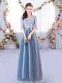 Hot Sale Blue A-line Scoop Half Sleeves Tulle Floor Length Lace Up Lace Quinceanera Court Dresses