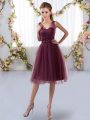 Knee Length Zipper Bridesmaid Gown Burgundy for Prom and Party and Wedding Party with Appliques