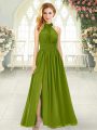 Halter Top Sleeveless Zipper Prom Dress Olive Green Chiffon