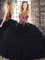 Delicate Black Zipper Quince Ball Gowns Embroidery and Ruffles Sleeveless Floor Length