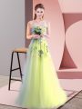 Flirting Sleeveless Floor Length Appliques Lace Up Evening Dress with Yellow Green