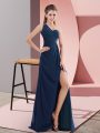 Navy Blue Prom Gown One Shoulder Sleeveless Sweep Train Backless