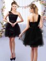 Custom Design Black A-line One Shoulder Sleeveless Tulle Mini Length Side Zipper Lace Court Dresses for Sweet 16