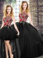 Black Sleeveless Floor Length Embroidery Zipper Quince Ball Gowns