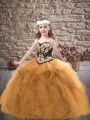Gold Little Girls Pageant Dress Party and Wedding Party with Embroidery and Ruffles Straps Sleeveless Lace Up