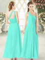 Noble Sleeveless Chiffon Ankle Length Zipper Dress for Prom in Aqua Blue with Ruching