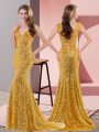 Gold Sleeveless Sequined Sweep Train Lace Up Dress for Prom for Prom and Party and Military Ball
