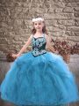 Baby Blue Ball Gowns Tulle Straps Sleeveless Embroidery and Ruffles Floor Length Lace Up Little Girls Pageant Gowns